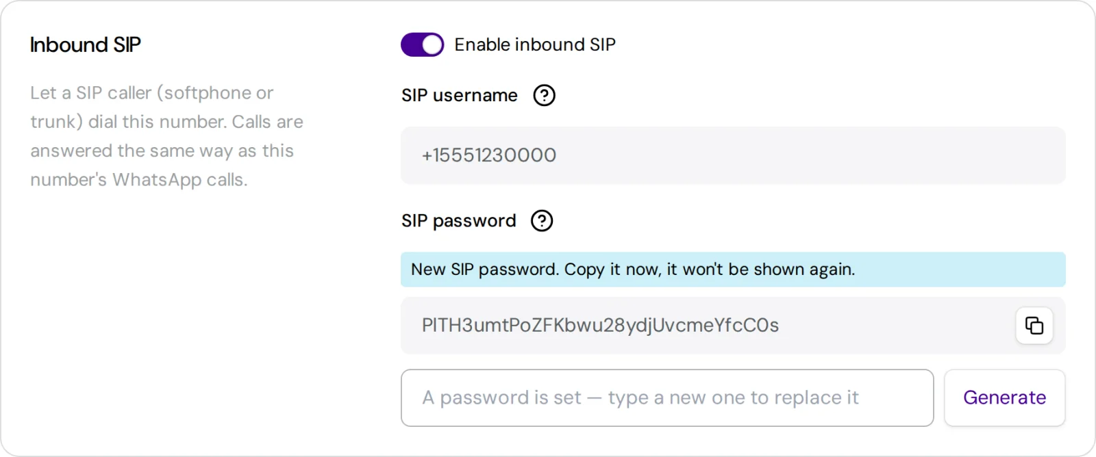 The Inbound SIP section switched on, with the SIP username and a newly generated SIP password