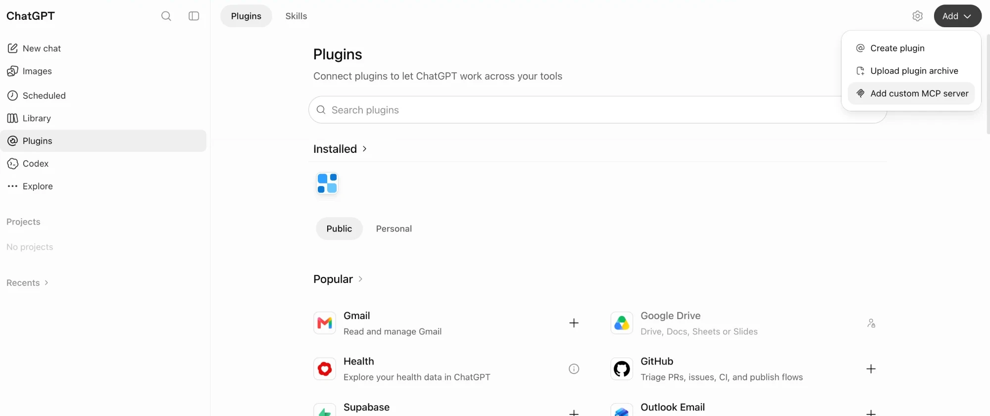 The Add menu on ChatGPT's Plugins page