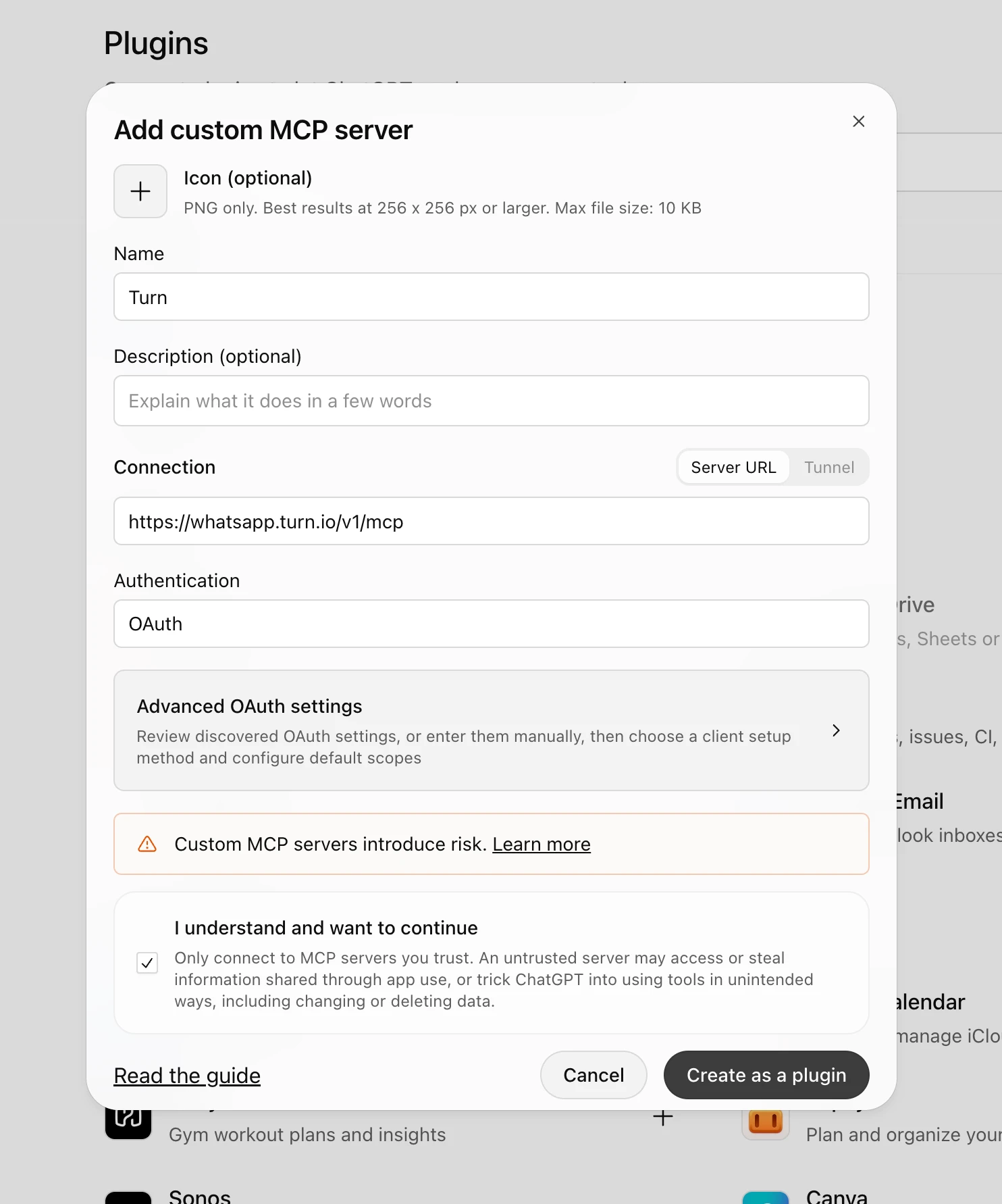 ChatGPT's Add custom MCP server form, filled in for Turn