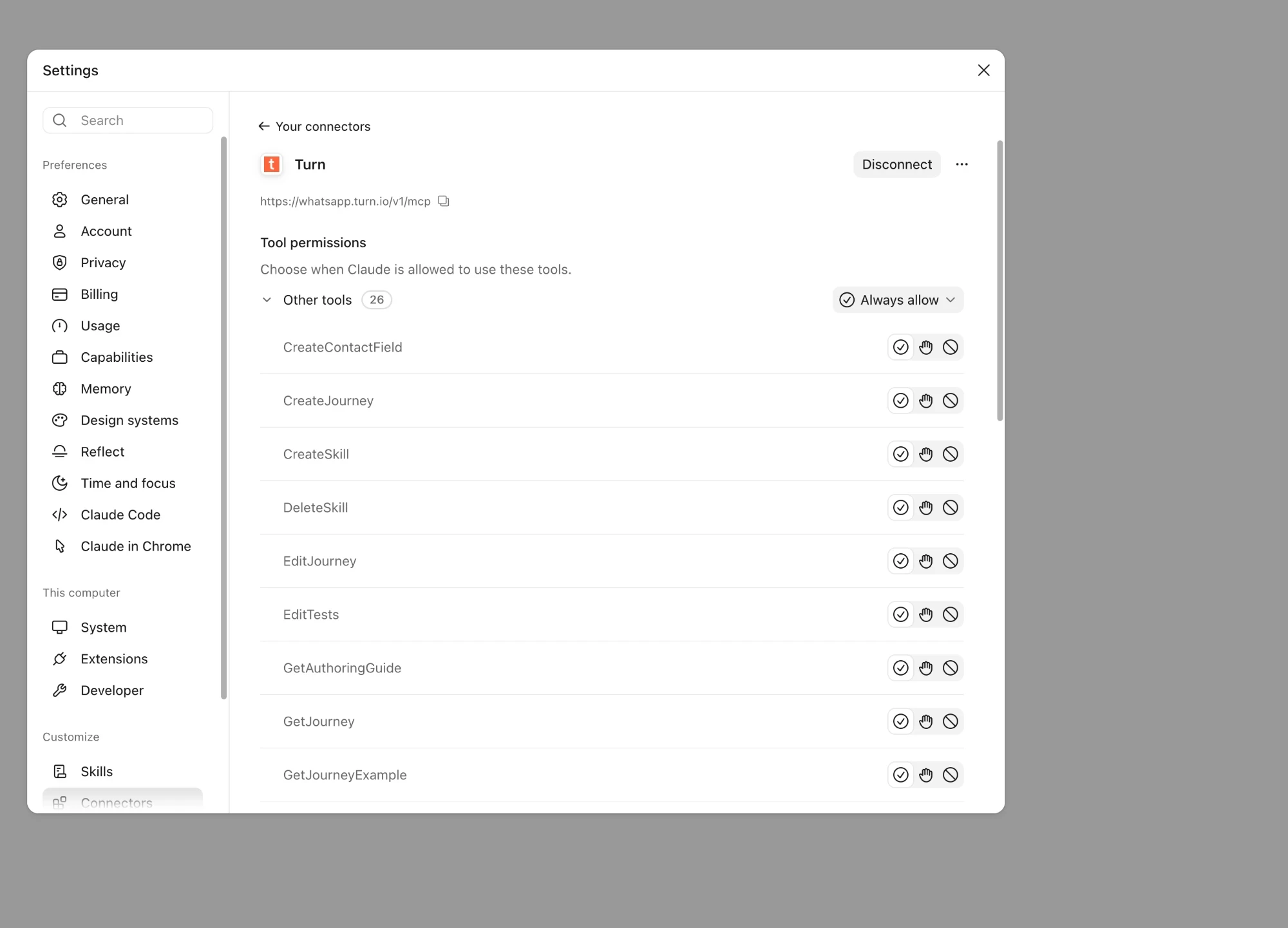 The Turn connector in Claude's settings, with its tool permissions