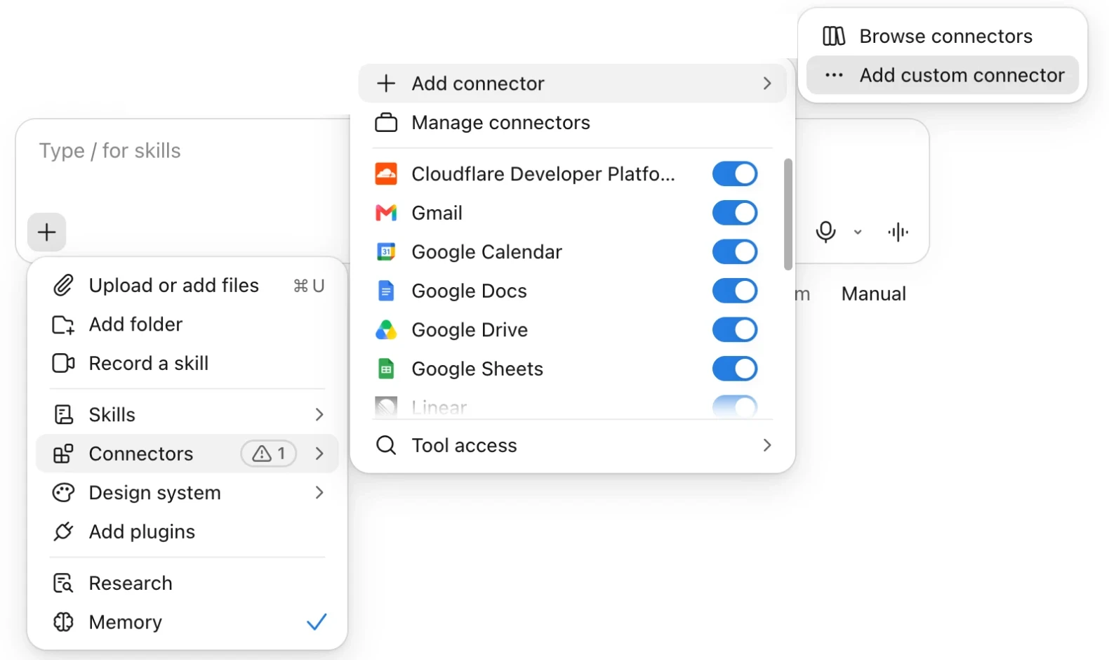 Adicionando um conector personalizado pelo menu + do Claude